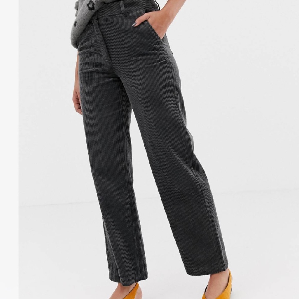 Mango Wide Leg Cord Pants in Charcoal